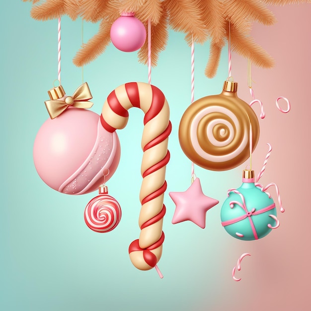 사진 분홍색 배경에 고립 된 재미있는 울트라 소프트 크리스마스 트리 장식 파스텔 색상 다채로운 포스터 및 배너 만화 최소한의 공기 스타일 3d 그림