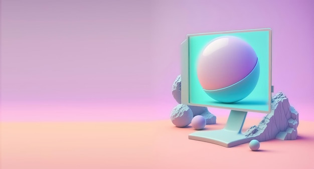 Divertente monitor per computer ultra morbido isolato su sfondo rosa colori pastello poster e banner colorati illustrazione 3d in stile cartone animato minimal air