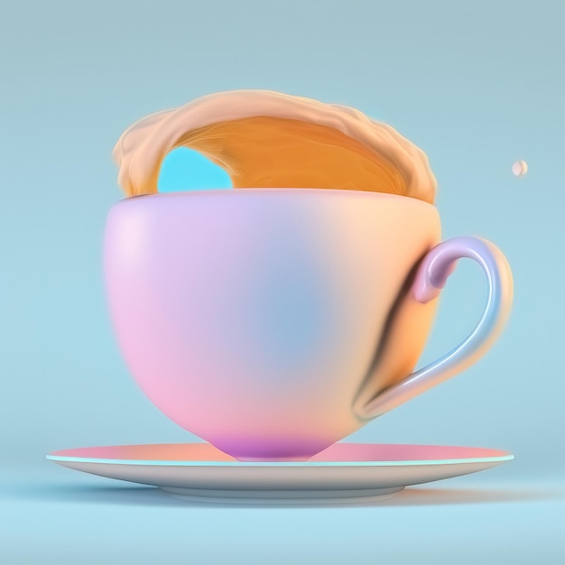 Смешная ультра мягкая чашка чая на розовом фоне Пастельные тона Красочный плакат и баннер Мультяшный минималистичный стиль воздуха 3D иллюстрация