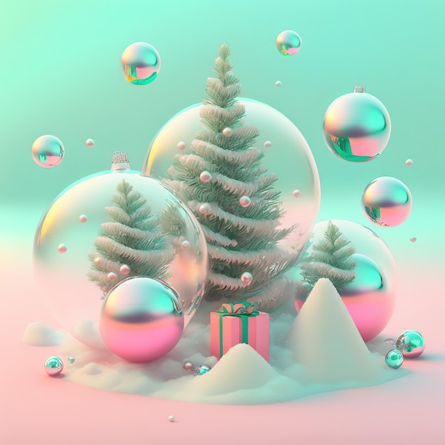 Funny ultra soft glass transparent balls with a christmas tree\
inside on the snow isolated on pink background pastel colors\
colorful poster and banner cartoon minimal air style 3d\
illustration