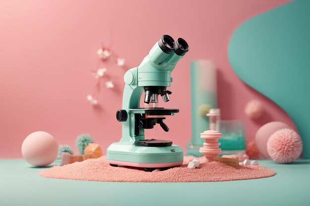 ピンクの背景のパステル カラーのカラフルなポスターとバナー漫画最小限のエア スタイル 3 d イラストに分離された面白い超軟質顕微鏡