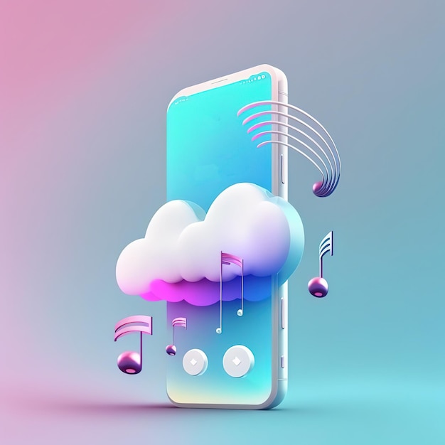 Funny ultra soft music player on mobile phone isolated on pink\
background pastel colors colorful poster and banner cartoon minimal\
air style 3d illustration