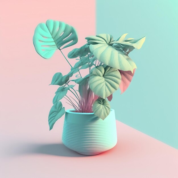 Funny ultra soft plant with leaves in pot isolated on pink\
background pastel colors colorful poster and banner cartoon minimal\
air style 3d illustration