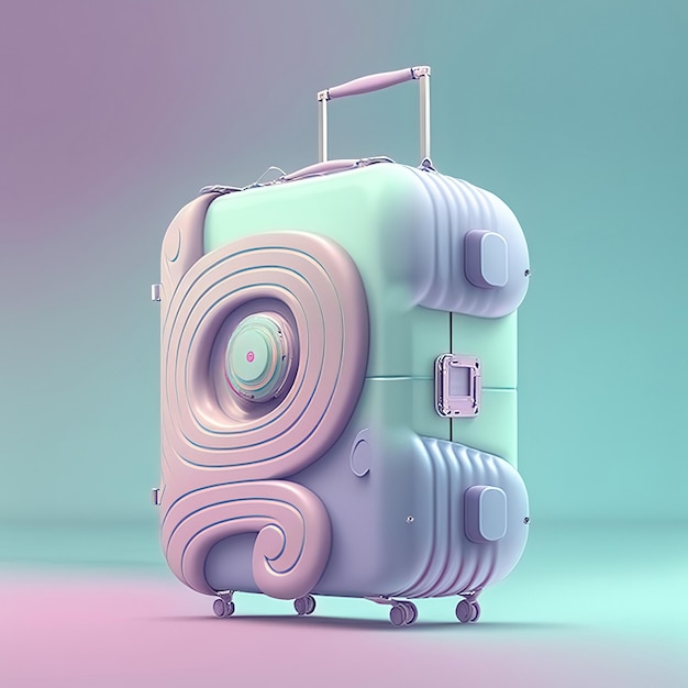 Забавный ультрамягкий чемодан на розовом фоне Пастельные тона Красочный плакат и баннер Мультяшный минималистичный стиль воздуха 3D иллюстрация