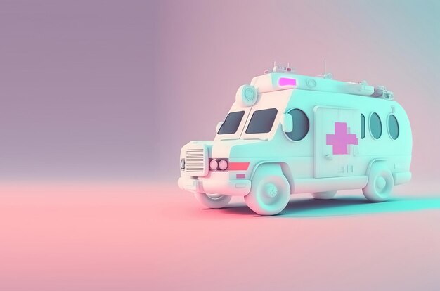 Funny ultra soft white ambulance car isolated on pink\
background pastel colors colorful poster and banner cartoon minimal\
air style 3d illustration