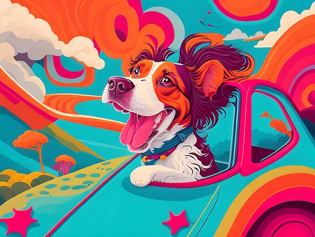 Funny watercolor Cute Pet dog Cartoon character with head out of the car window Generated AI
