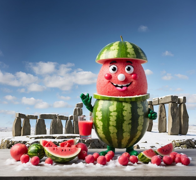 Funny watermelon mascot character with a glass of juice on the background of stonehenge