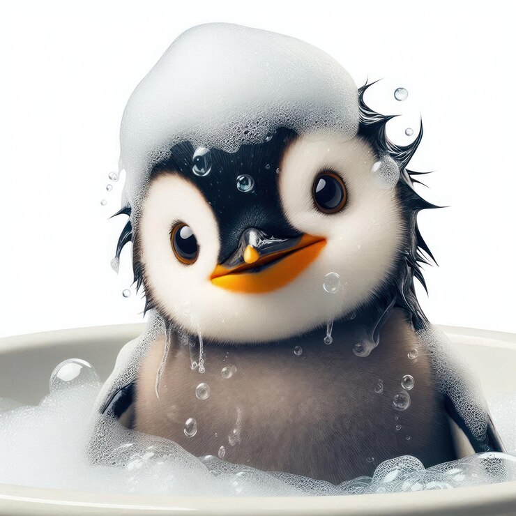 Photo funny wet penguin taking bath with shampoo and bubbles in bathtub isolated on white background