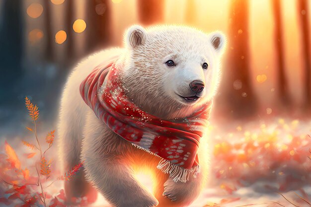 Funny white bear with cubs with red scarf around neck