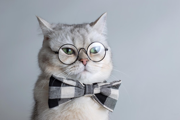 Funny white cat in a gray bow tie and glasses on gray background