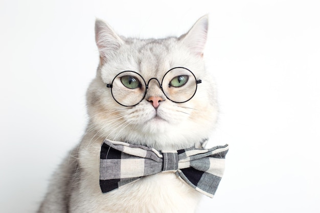 Photo funny white cat in a gray bow tie and glasses on white background