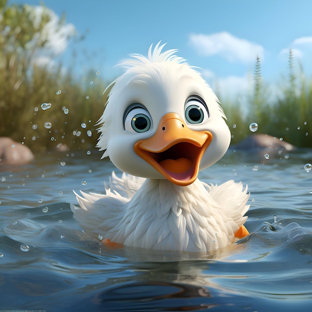 funny white duck swimming in the lake 3d render illustration