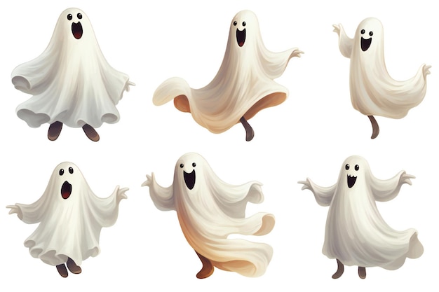 Funny white Halloween ghosts clip art isolated on white background