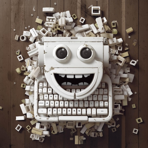 Funny white robot made of computer keyboard on wooden background 3d illustration