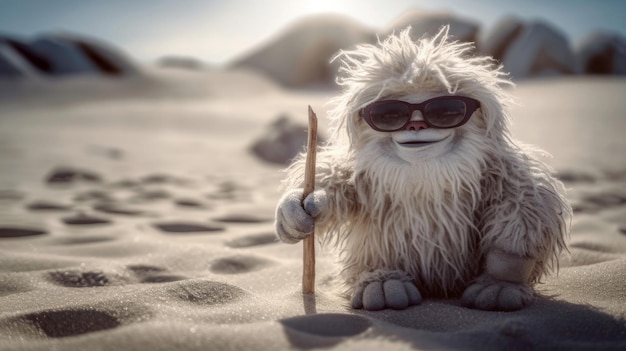 Funny white yeti resting alone on the beach Pixar style