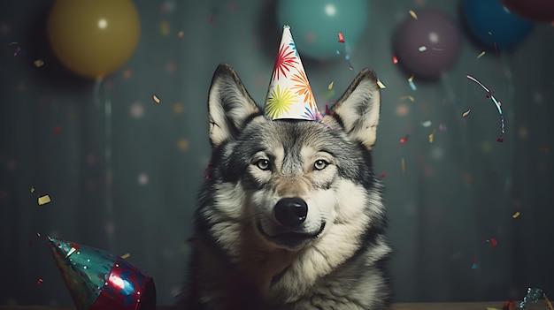 Funny wolf with birthday party hat on background