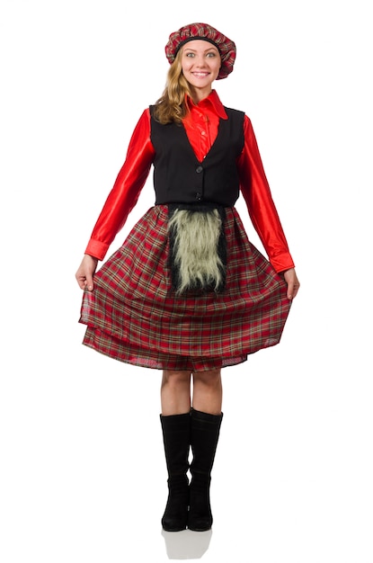 Funny woman in scottish clothing on white