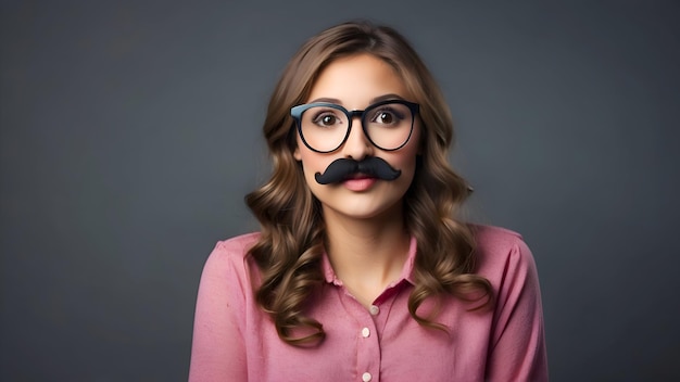 Funny Woman Wearing Silly Mustache Party Accessories Glasses Girl with a sense of humor using disguise eyeglasses for a prank