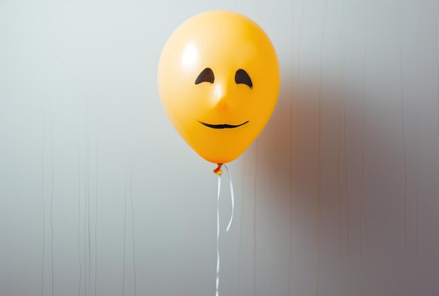 Funny yellow balloon with smiley face on white wall background