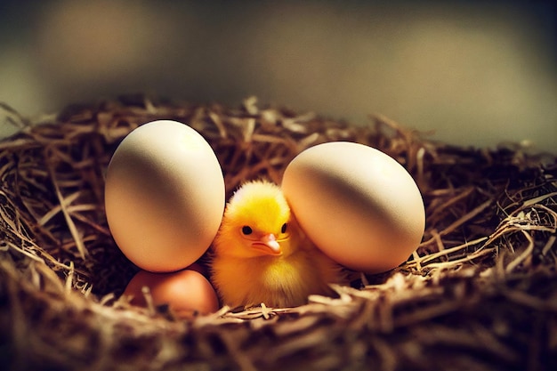 Funny yellow chicken hatching from egg sitting in nest