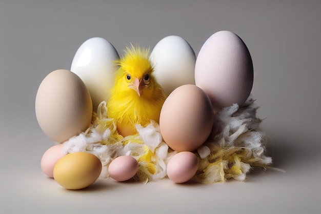 Funny yellow chicken hatching from egg sitting in nest