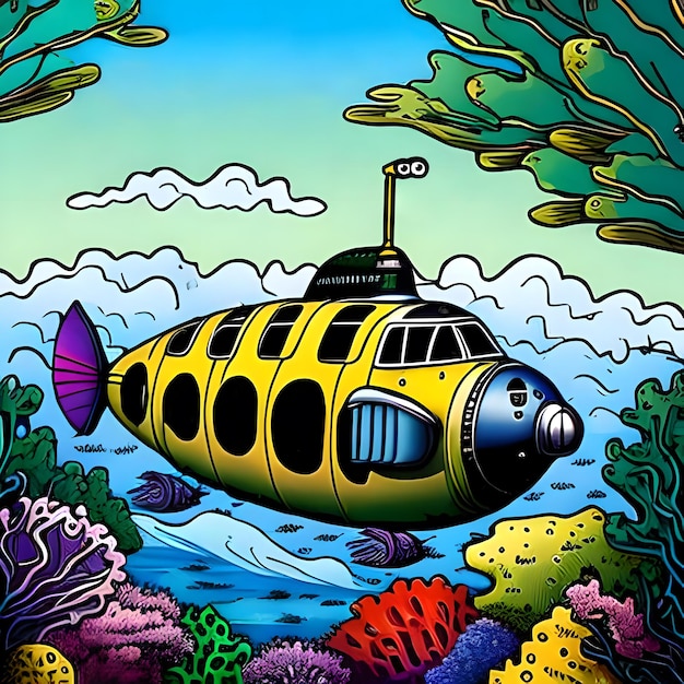 Funny yellow fishlike submarine in the sea