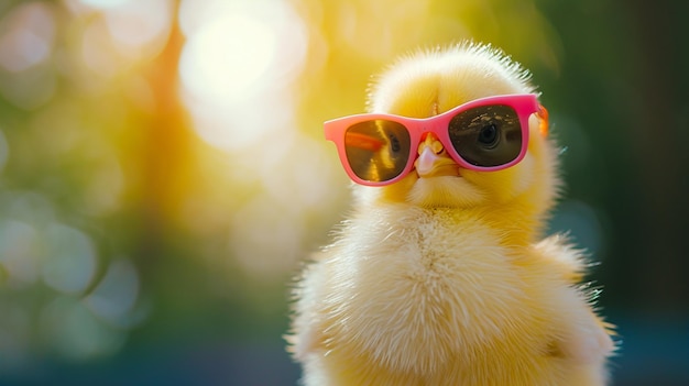 funny yellow little chicken portrait in sunglasses Crazy chick cool with sunglasses AI Generative