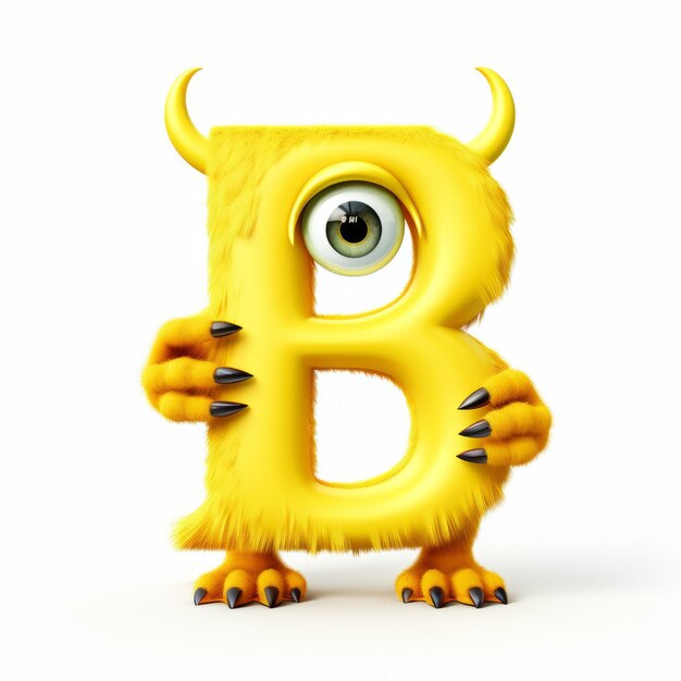 Photo funny yellow monster creates letter b with teeth and claws