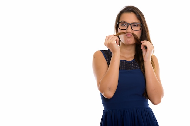 Funny young beautiful nerd woman with hair as mustache