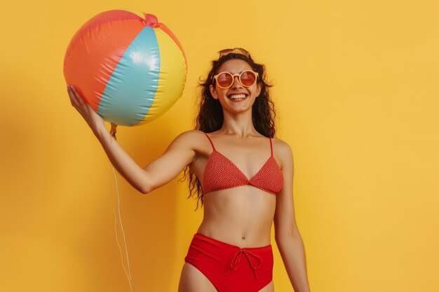 Foto ragazza divertente e felice in costume da bagno rosso che si diverte tenendo una palla gonfiabile e che va in vacanza estiva in piedi su uno sfondo giallo dello studio tour di vacanza e concetto di viaggio