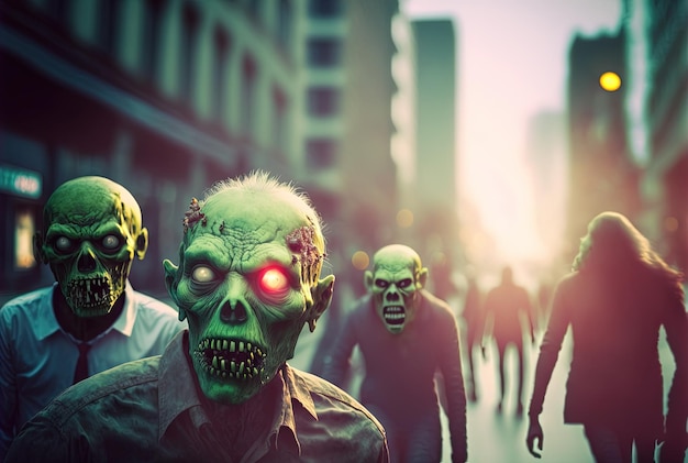 Забавные персонажи-зомби, идущие по улице, монстры с блестящими глазами, жуткие и смешные, созданные ИИ.