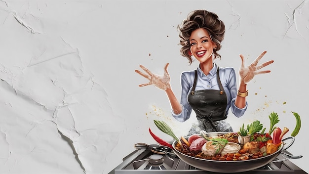 Funy chef woman on white