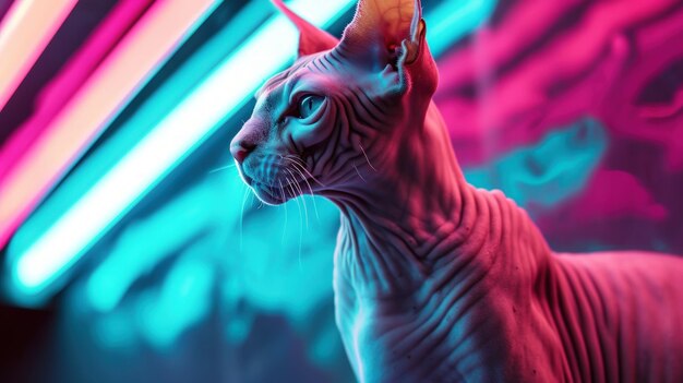 Photo furaffinity style sphynx cat with white pale skin 80s vibes nostalgic retrowave ar 169 style raw stylize 50 v 6 job id 67540e21024a452c8854c8297f81adc2