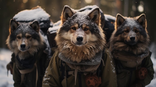 Photo furclad explorers unbreakable camaraderie in the enchanting snowy pine forest