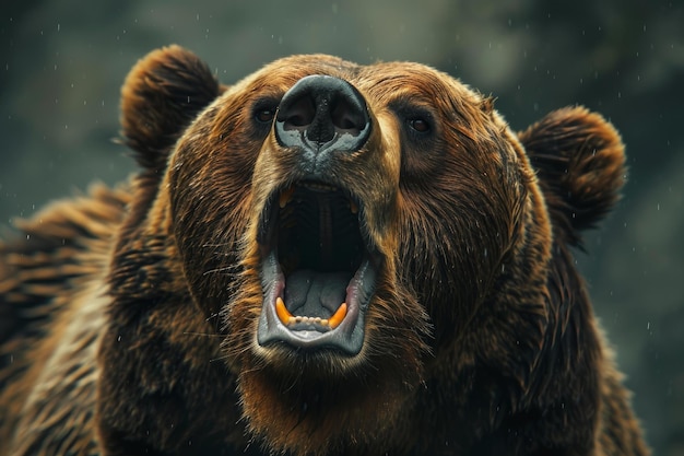 Photo furious brown bear roaring in the rain