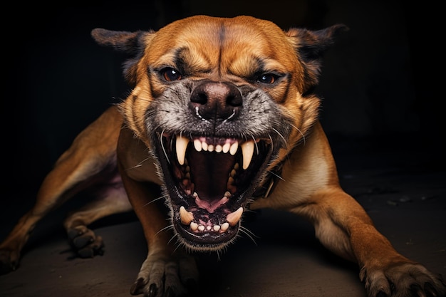 Photo furious dog on black background aggressive animal posing threat generative ai