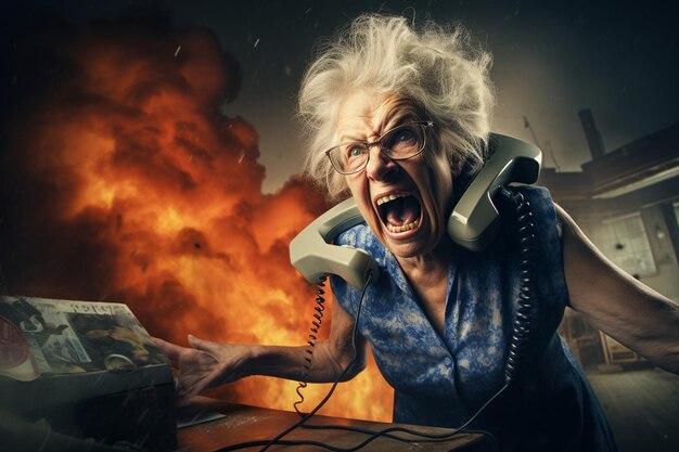 Furious enraged senior woman bellowing at an office landline generative ai