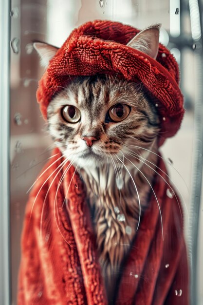 Foto foto di un gatto arrabbiato sotto la doccia con un cappello da doccia