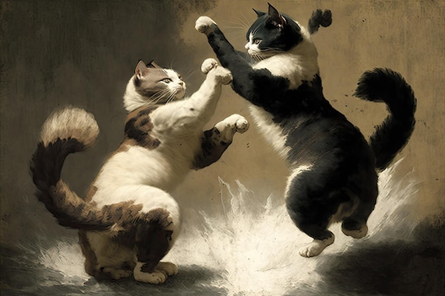 Furious fluffy cats in fighting in the boxing stadium isolated vintage color