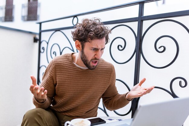 Furious man angry about bad news online or pc software failure, mad helpless office worker having problem with broken laptop, stressed student hates computer crash, user indignant about data loss