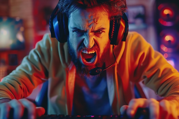 A furious man who streams video games screams and destroys the keyboard Generative Ai