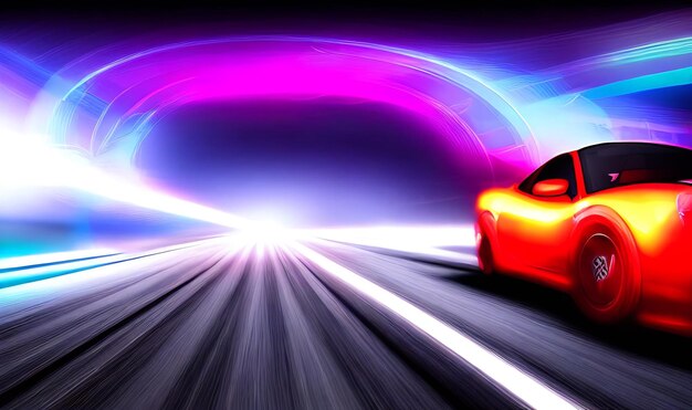 Foto auto sportiva in stile furioso sull'autostrada al neon accelerazione potente di supercar su piste notturne con luci e binari colorati