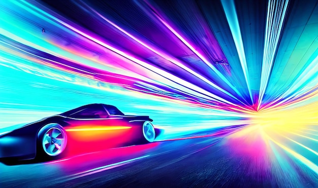 Photo furious style sports car on neon highway powerful acceleration of super cars on night tracks with colorful lights and tracks