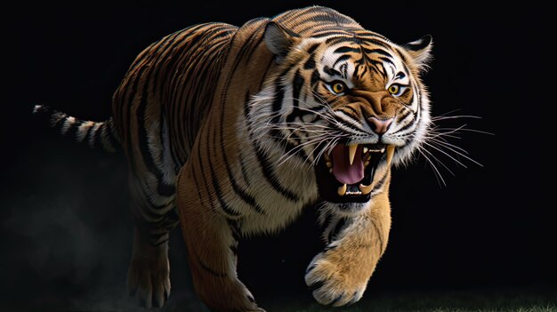 Photo furious tiger growling and sprinting aggressively action shot with generative ai perfect for
