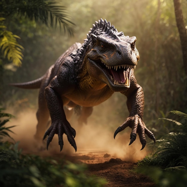 Furious trex or Dynasor running in action on the jungle