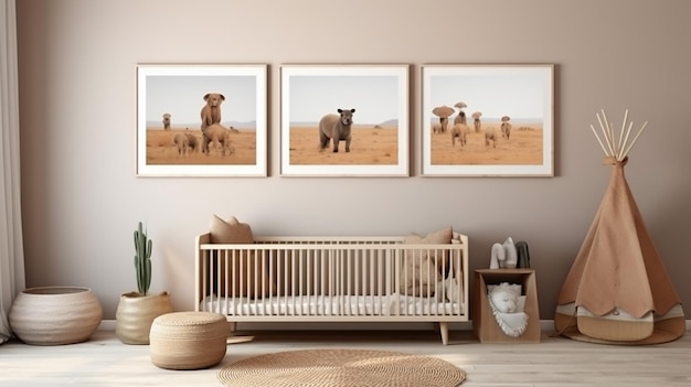 Furnishings mock up frame in a boys nursery Generative AI