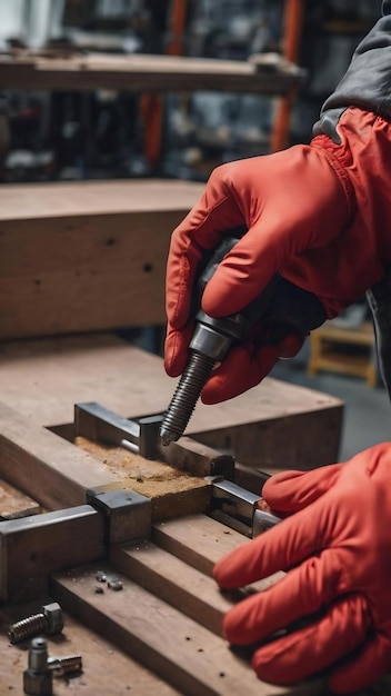 Furniture assembler in red gloves tightens screw with hex wrench assembly and repair of furniture