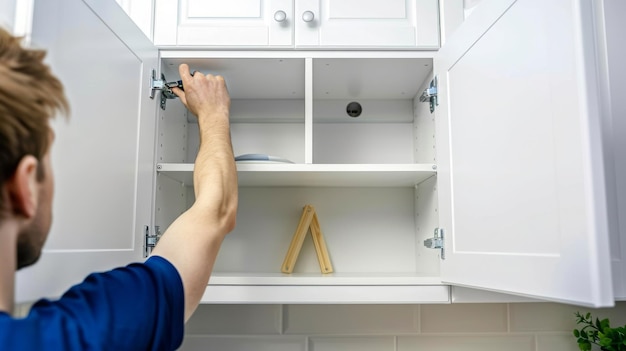furniture assembly service worker installing cabinet doors