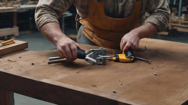 Furniture assembly the worker inserts the loop and tightens it with a screwdriver adjustment of fitt