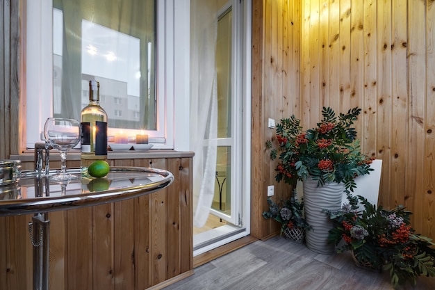 Furniture on the balcony in bright interior